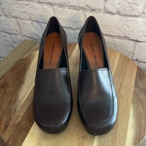 Antonio Melani Brown Leather Square Toe Loafers with block heel   9.5 M